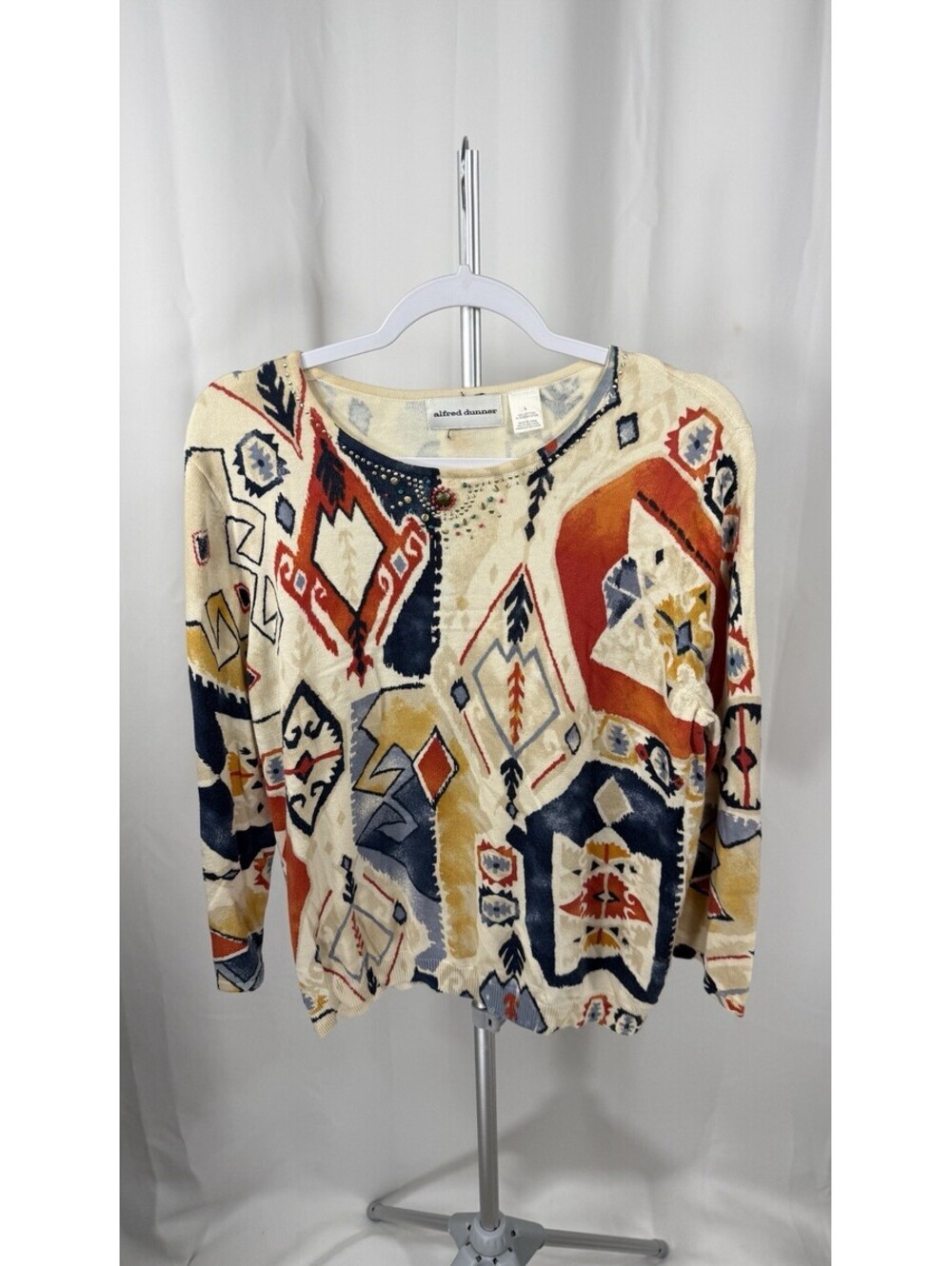 Alfred Dunner Womens L Southwestern Aztec Print Sweater Embellished Cotton Boho